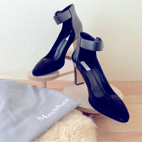 Max Mara black leather and suede pumps with ankle buckle sz 7 in good condition - Picture 1 of 7